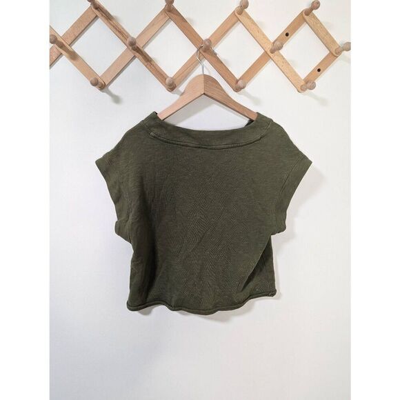 Maeve Anthropologie Olive Green Cropped Short Sleeved Sweater Vest Top - Size S - Picture 3 of 5